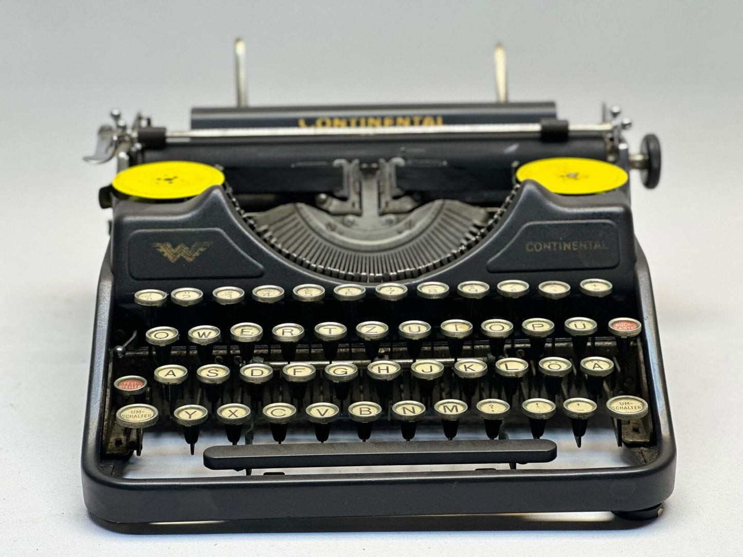 Vintage Black Continental Typewriter - 1940 Model with QWERTZ Layout and Glass Key Keyboard, Antique Typewriter, Europe Typewriter
