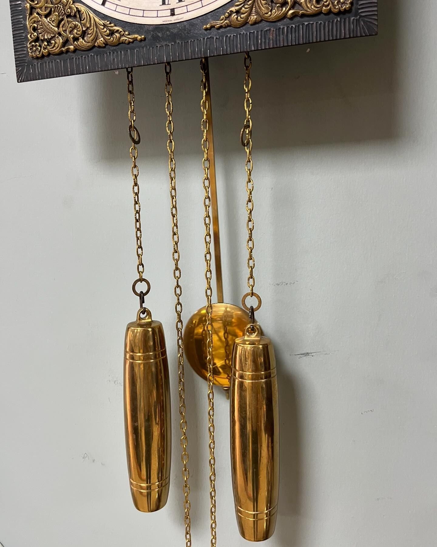 Antique German Wall Clock with Chain Wind and Gong Chime | Brass Accents | 33x25 cm