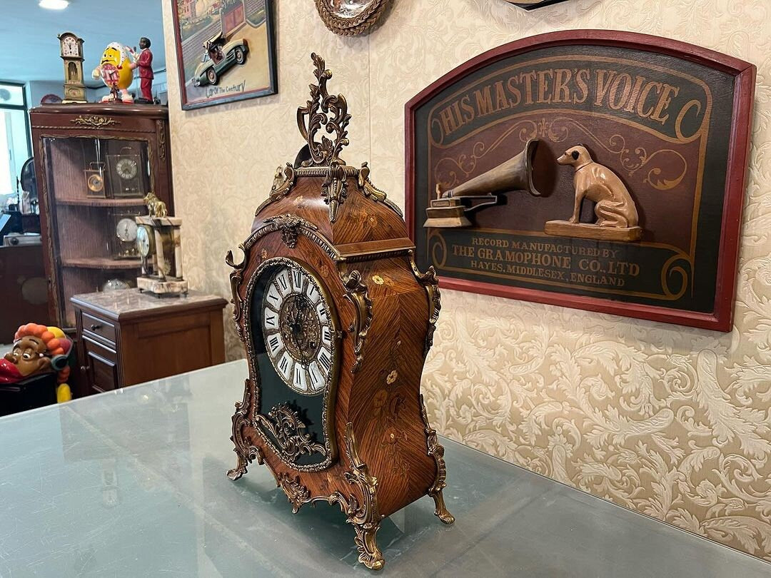 Antique French 1890s Marquetry Fireplace Clock on a Table - Timeless Elegance with Intricate Wood Inlay Work