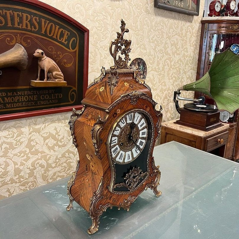 Antique French 1890s Marquetry Fireplace Clock with intricate wood inlay in a vintage setting, showcasing fine craftsmanship and elegance