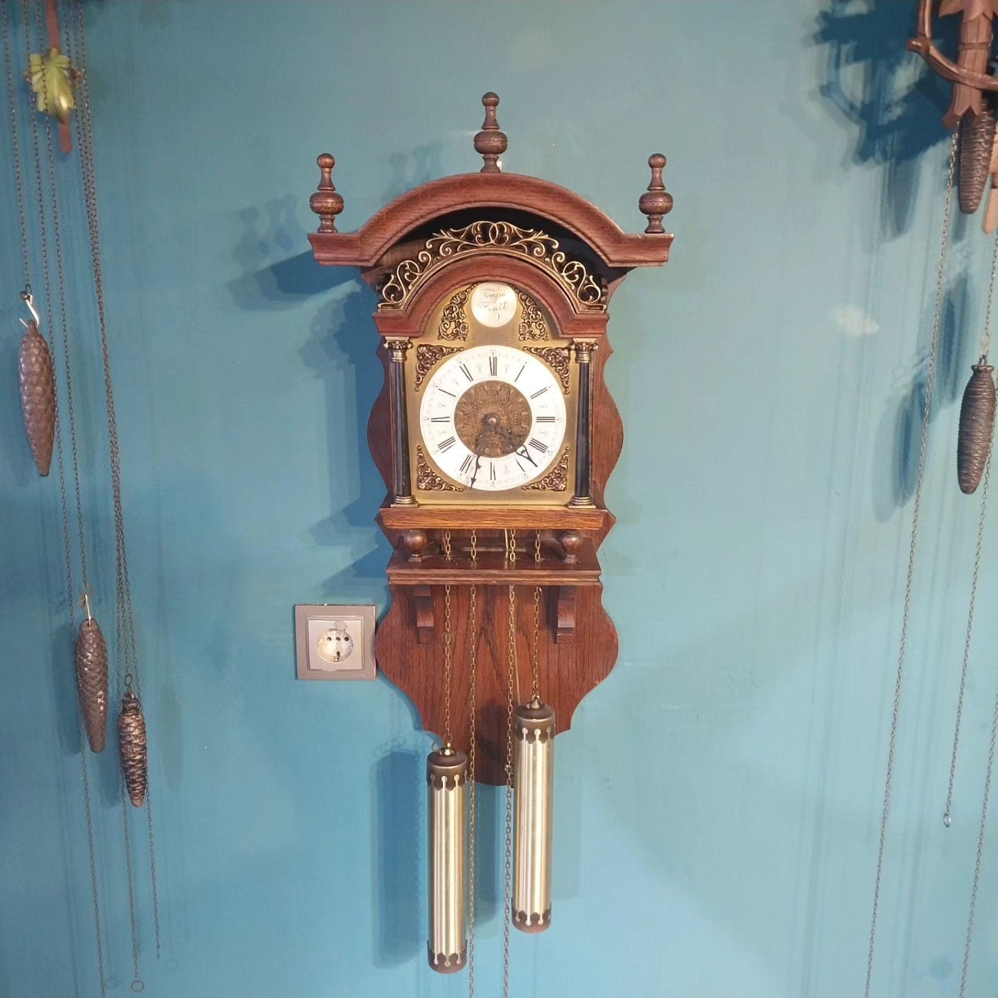 Collectible Antique Dutch Chain-Wound Wooden Case Clock - Hourly Gong Strikes, Perfect for Collection or Daily Use