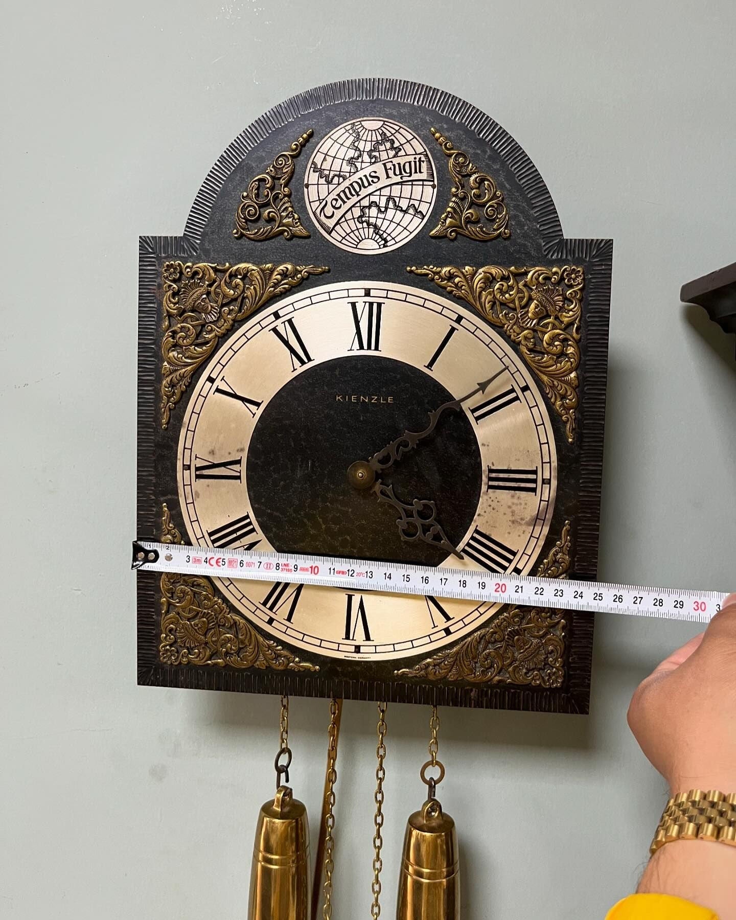 Antique German Wall Clock with Chain Wind and Gong Chime | Brass Accents | 33x25 cm