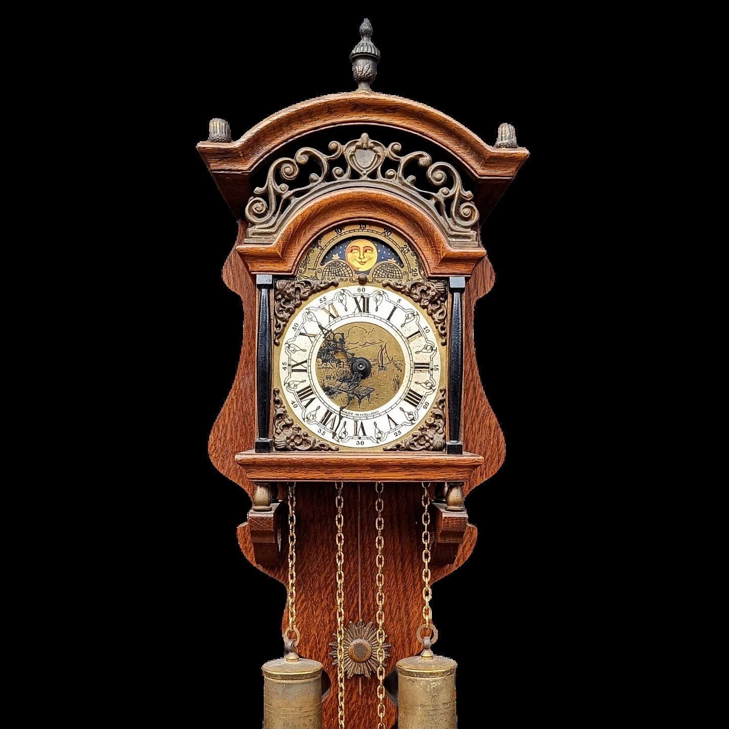 Antique Dutch Moon Phase Clock | 1950s | Brass Embellishments | Fully Functional | Collectible Timepiece