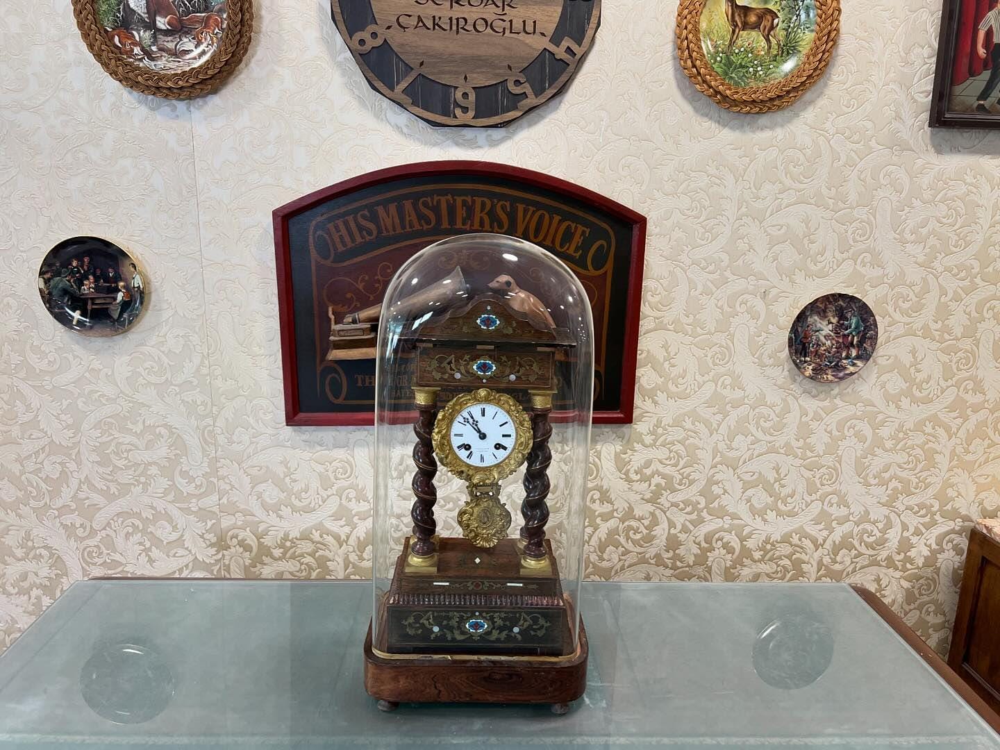 Rare French Marquetry Boule Wood Clock with Original Glass Dome - Antique, Fully Functional, Excellent Condition
