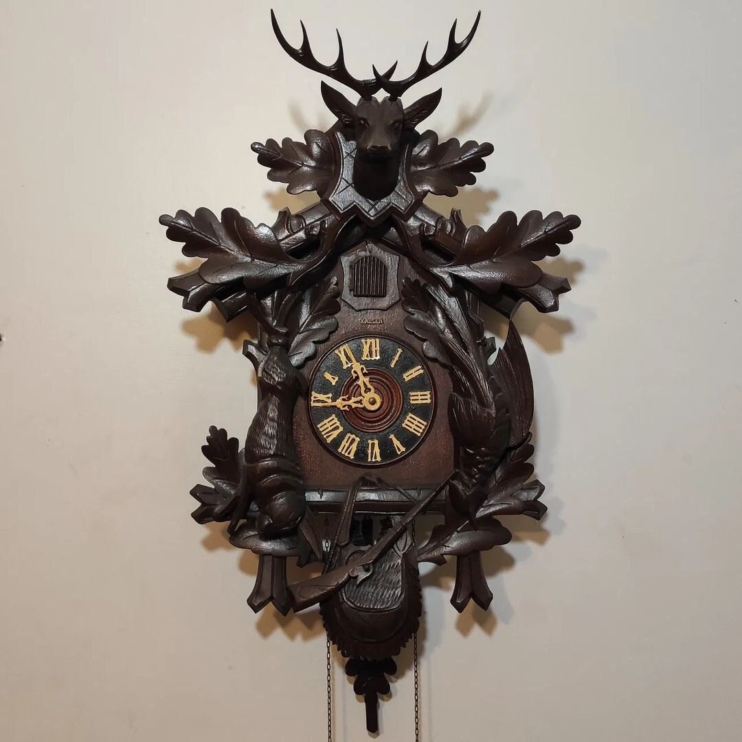 Rare 1930s/40s German Kaiser Giant Hunter-Themed Mechanical Cuckoo Clock - Hand-Carved and Painted, Perfect Condition