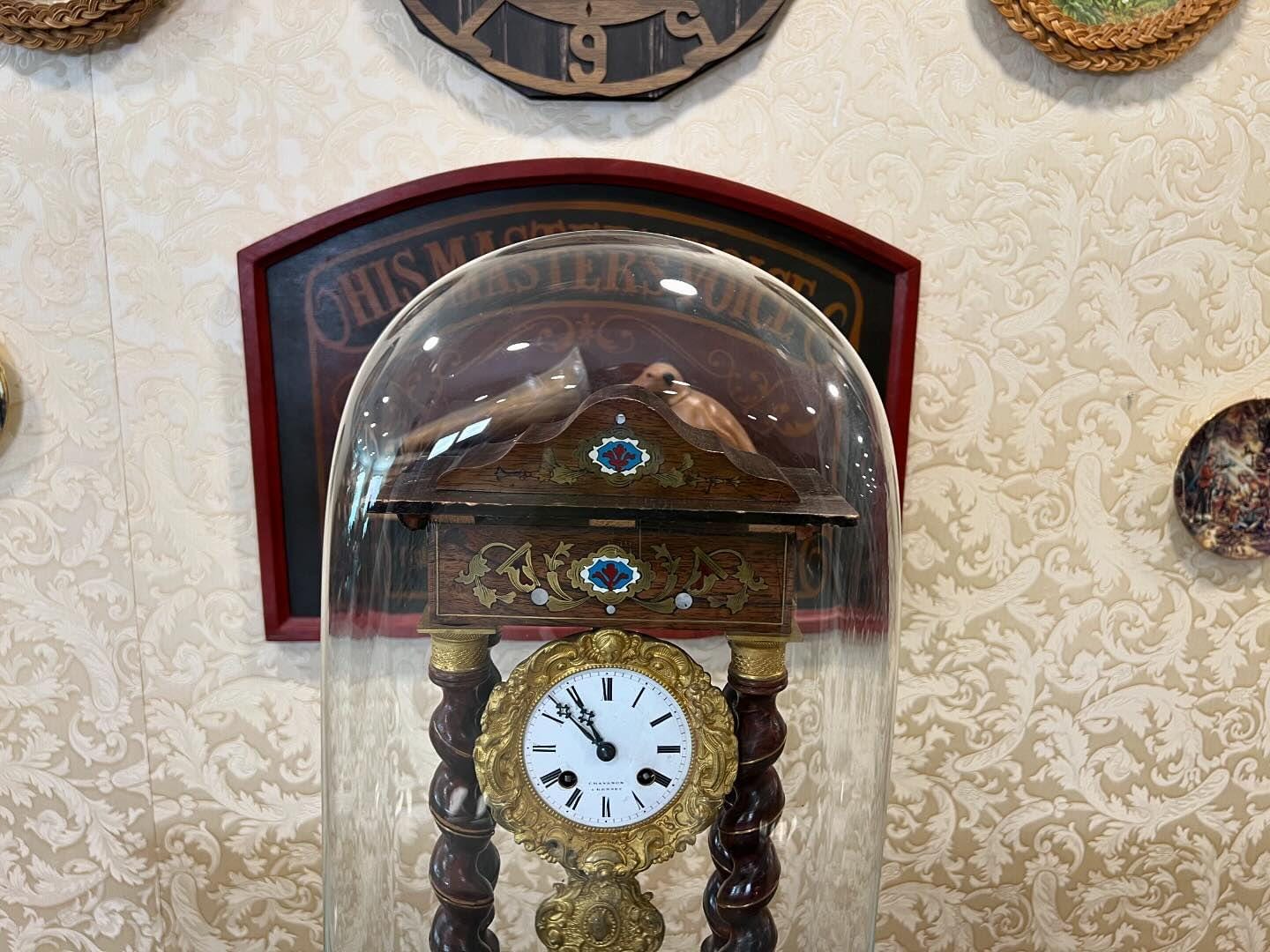 Rare French Marquetry Boule Wood Clock with Original Glass Dome - Antique, Fully Functional, Excellent Condition