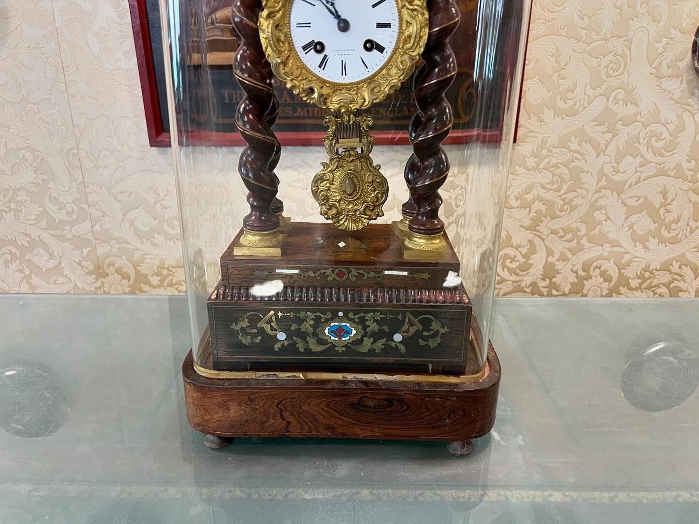 Rare French Marquetry Boule Wood Clock with Original Glass Dome - Antique, Fully Functional, Excellent Condition
