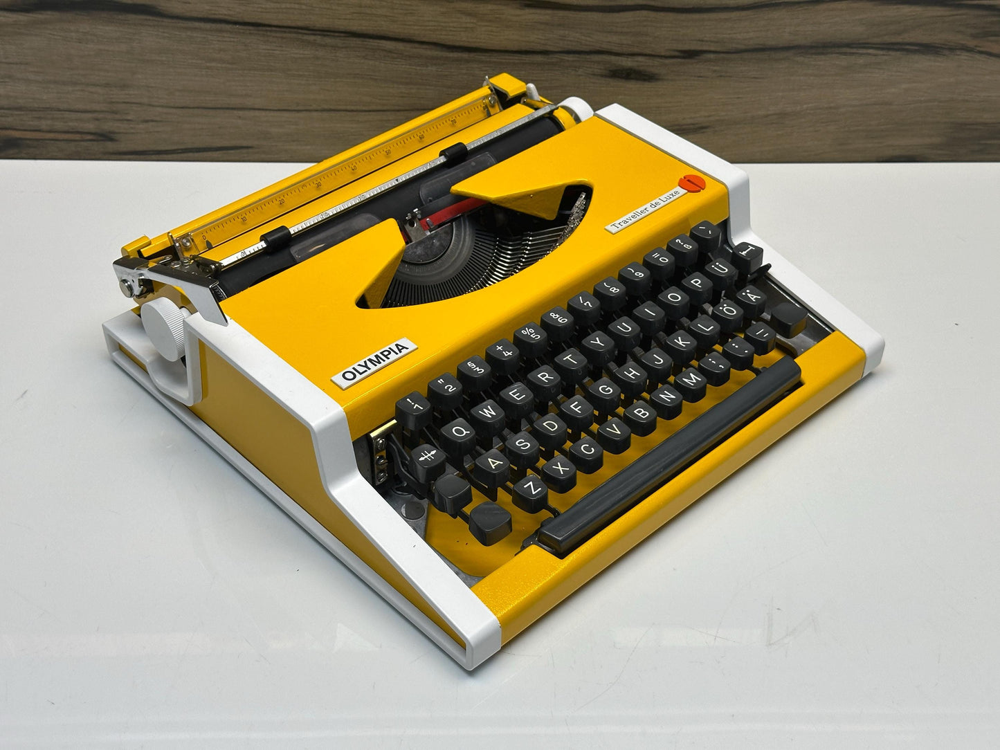 Yellow Olympia Traveller Bag with Black Keyboard | Wooden or Yellow Plastic Case Option | Retro Manual Portable Typewriter