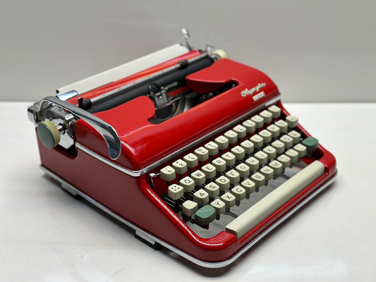 Olympia Monica Typewriter - Vintage 1955 Edition in Striking Red - 1960 Model, Red Body, White Keys, Dual-Color Capability, Pristine Case