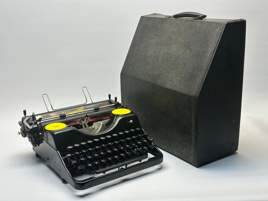 Rheinmetall Black Typewriter - Vintage 1930 Model with Black Keyboard and Yellow Cover , AZERTY Keyborad