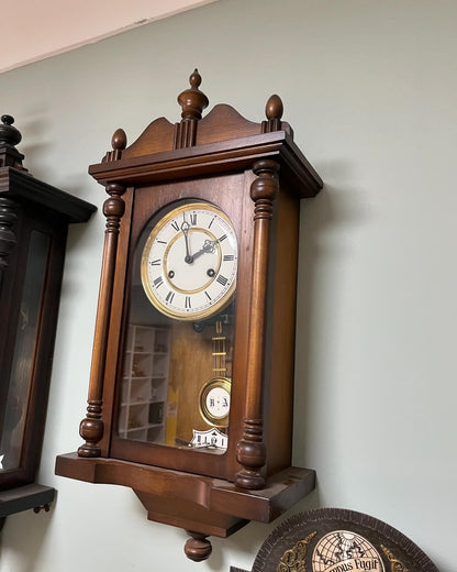 Antique German Wall Clock with Key Wind and Gong Chime | 58x28 cm | Collectible Vintage Timepiece