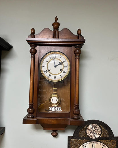 Antique German Wall Clock with Key Wind and Gong Chime | 58x28 cm | Collectible Vintage Timepiece