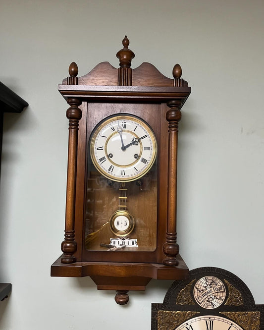 Antique German Wall Clock with Key Wind and Gong Chime | 58x28 cm | Collectible Vintage Timepiece