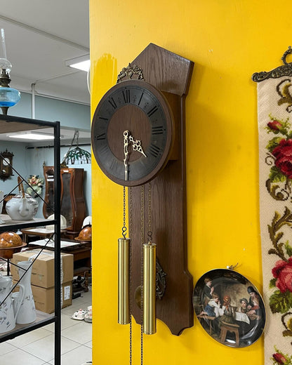 Antique German Wall Clock with Chain Wind and Gong Chime | 80x27 cm | Collectible Vintage Timepiece