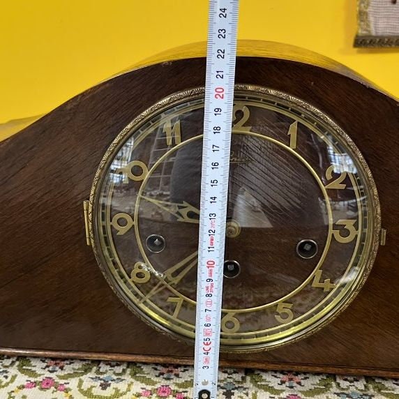 Antique Hermle Mantel Clock with Triple Wind-Up Mechanism and Gong Chime | 56x22 cm | Wooden Case | Collectible Vintage Timepiece