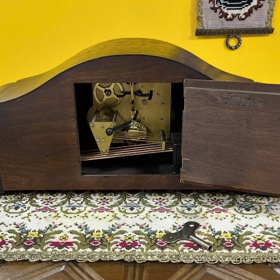Antique Hermle Mantel Clock with Triple Wind-Up Mechanism and Gong Chime | 56x22 cm | Wooden Case | Collectible Vintage Timepiece