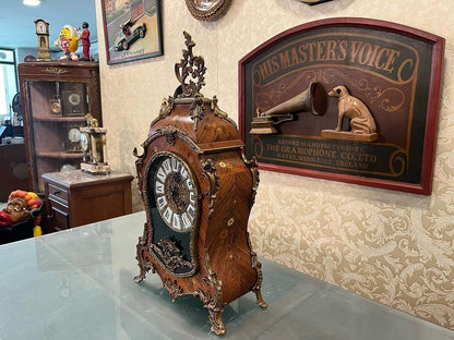 Antique French 1890s Marquetry Fireplace Clock on a Table - Timeless Elegance with Intricate Wood Inlay Work