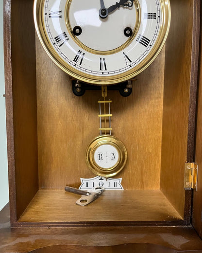 Antique German Wall Clock with Key Wind and Gong Chime | 58x28 cm | Collectible Vintage Timepiece
