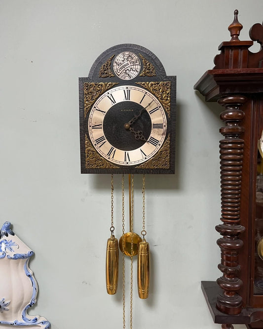 Antique German Wall Clock with Chain Wind and Gong Chime | Brass Accents | 33x25 cm