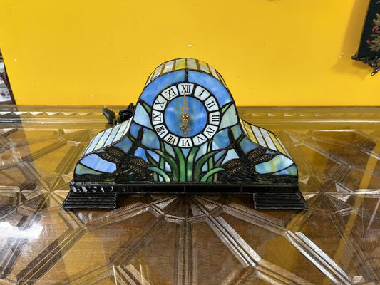 Antique Tiffany Clock and Night Lamp | Stained Glass Handmade | Quartz Battery Operated | 19x33 cm,