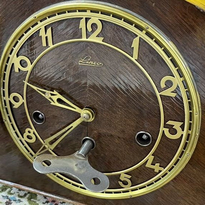 Antique Hermle Mantel Clock with Triple Wind-Up Mechanism and Gong Chime | 56x22 cm | Wooden Case | Collectible Vintage Timepiece