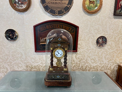 Rare French Marquetry Boule Wood Clock with Original Glass Dome - Antique, Fully Functional, Excellent Condition