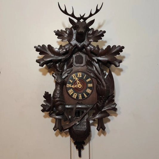 Rare 1930s/40s German Kaiser Giant Hunter-Themed Mechanical Cuckoo Clock - Hand-Carved and Painted, Perfect Condition
