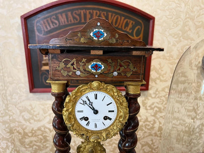 Rare French Marquetry Boule Wood Clock with Original Glass Dome - Antique, Fully Functional, Excellent Condition