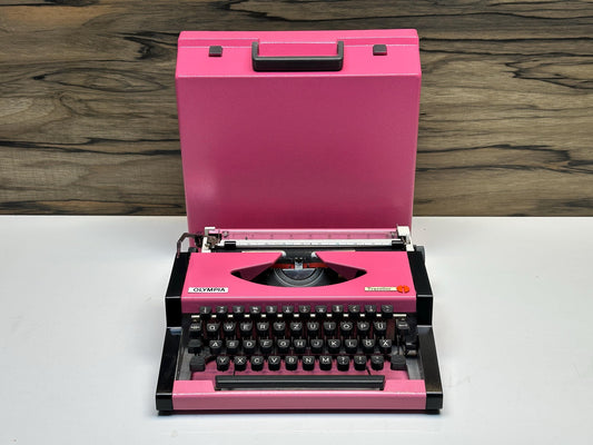 Pink Olympia Traveller Typewriter | Retro Manual Portable Typewriter with Black Keys | Wood or Pink Case | Vintage Gift for Writers