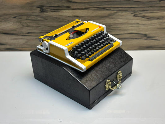 Yellow Olympia Traveller Bag with Black Keyboard | Wooden or Yellow Plastic Case Option | Retro Manual Portable Typewriter