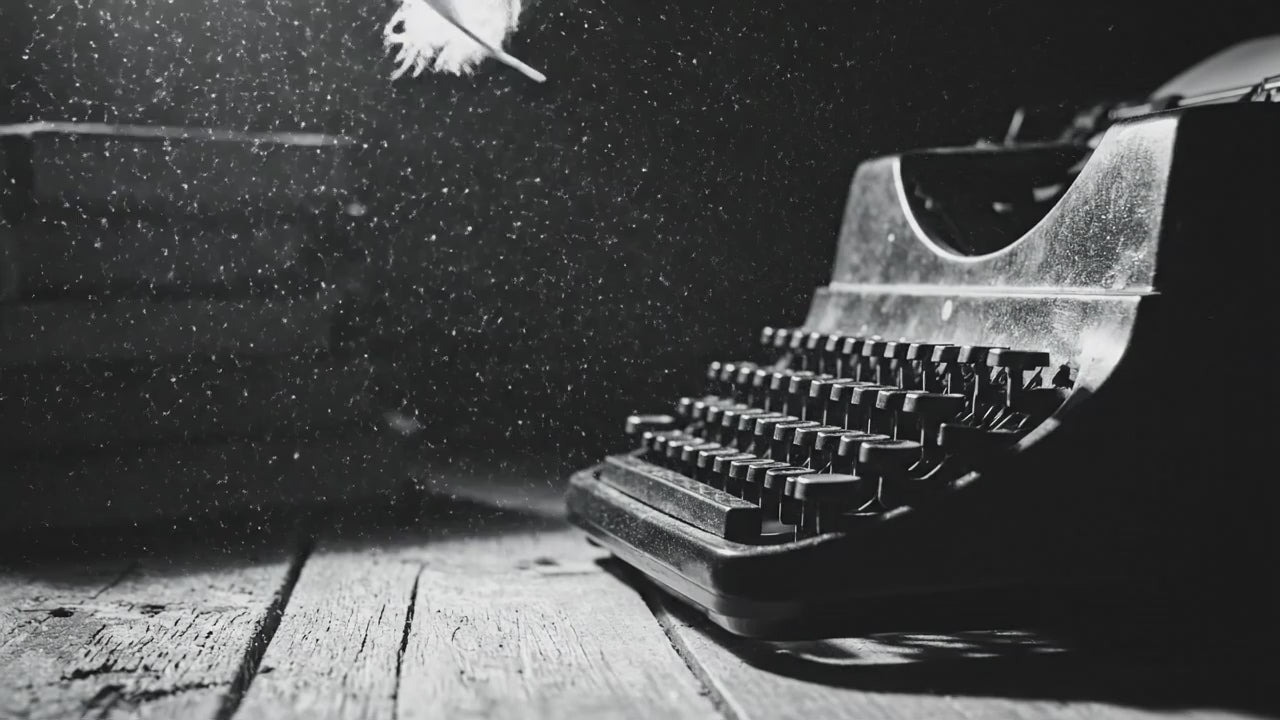 Load video: Refurbished vintage typewriter displayed on a wooden surface in soft light, featuring a bird feather symbolizing timeless craftsmanship and nostalgia.