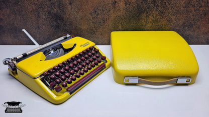 Refurbished Olympia Splendid 33/66 Yellow Typewriter with Mechanical Burgundy Keyboard and Case | Classic Writing Tool for Creatives and Typ