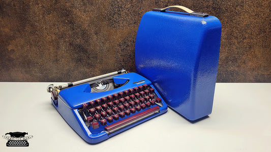 German-Made Olympia Splendid 33/66 Blue Typewriter with Mechanical Burgundy Keyboard and Case | Fully Refurbished Rare Writing Machine