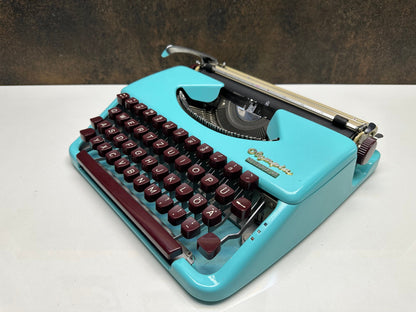 Antique Olympia Splendid 33/66 Turquoise Typewriter with Matching Case and Burgundy Keys | Rare Mechanical Keyboard for Writers and Collecto