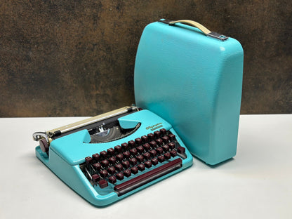 Antique Olympia Splendid 33/66 Turquoise Typewriter with Matching Case and Burgundy Keys | Rare Mechanical Keyboard for Writers and Collecto